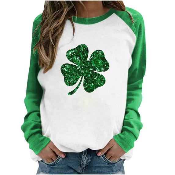 BLVB St Patricks Day Sweatshirt Women Long Sleeve Shamrock St. Patricks Shirts Tees Crewneck Raglan Vacation Tops