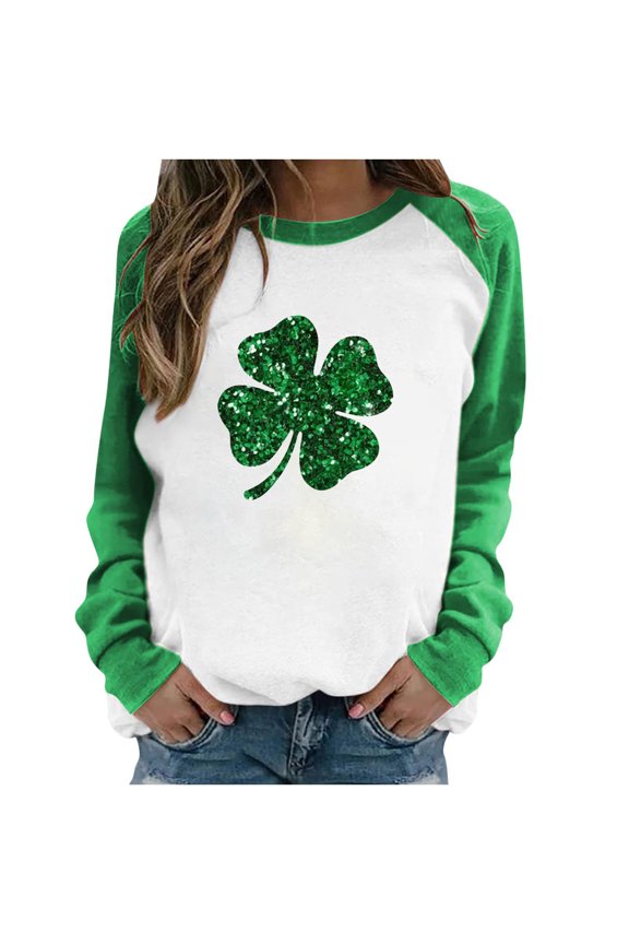 St Patricks Day Sweatshirt Women Long Sleeve Shamrock St. Patricks Shirts Tees Crewneck Raglan Vacation Tops