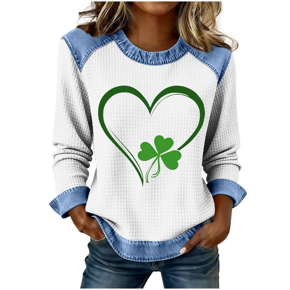 BLVB St Patricks Day Sweatshirt Women Shamrock Waffle Sweatshirts Denim Patchwork Clover Graphic Pullover Tops