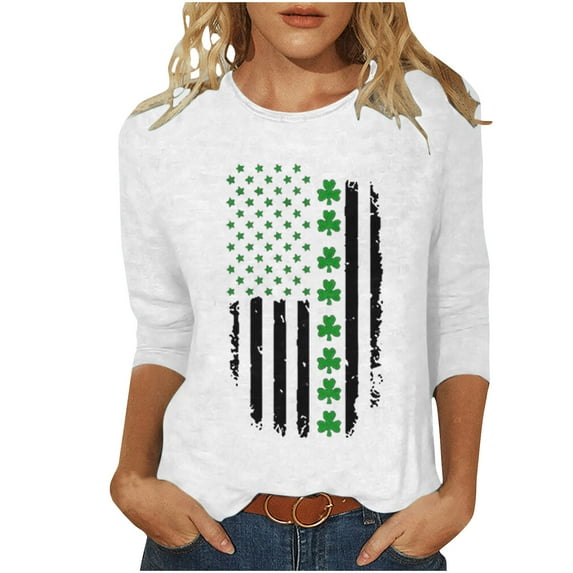 BLVB St Patricks Day Tops for Women 3/4 Sleeve Crewneck Shamrock Shirts Casual Trendy Festival Holiday Tunic Tee Tops