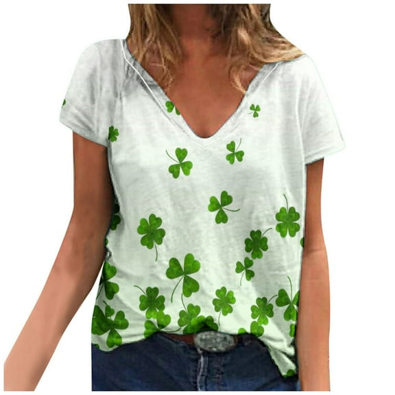 BLVB St Patricks Day Tops for Women Shamrock Graphic Tees Casual Loose Shirt V-Neck Short Sleeve Summer Tunic Tops Green 1