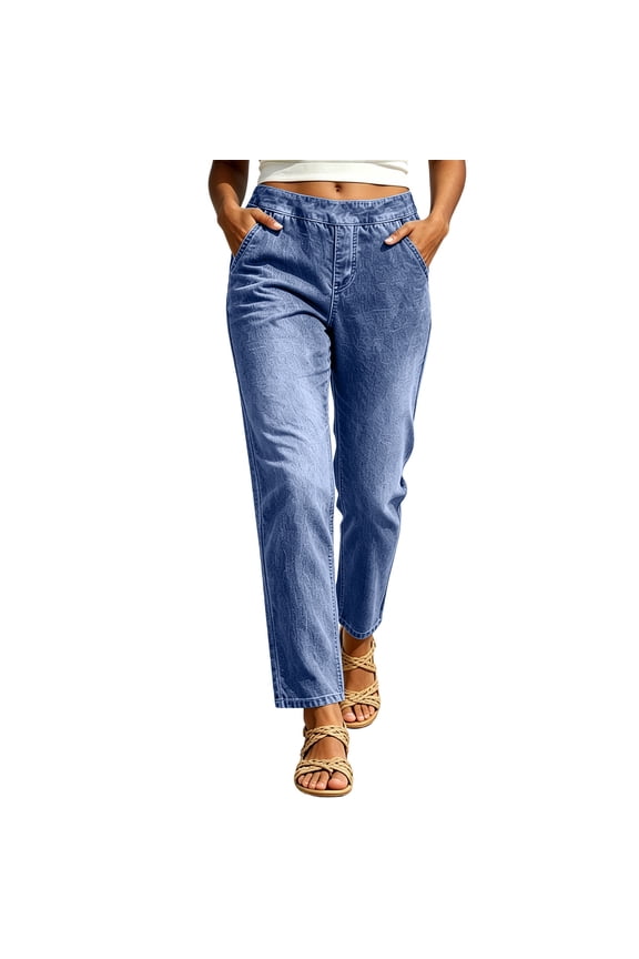 Straight Leg Jeans for Women Stretchy Pull on Jeans Women Mid Waisted Trendy Denim Pants with Pockets