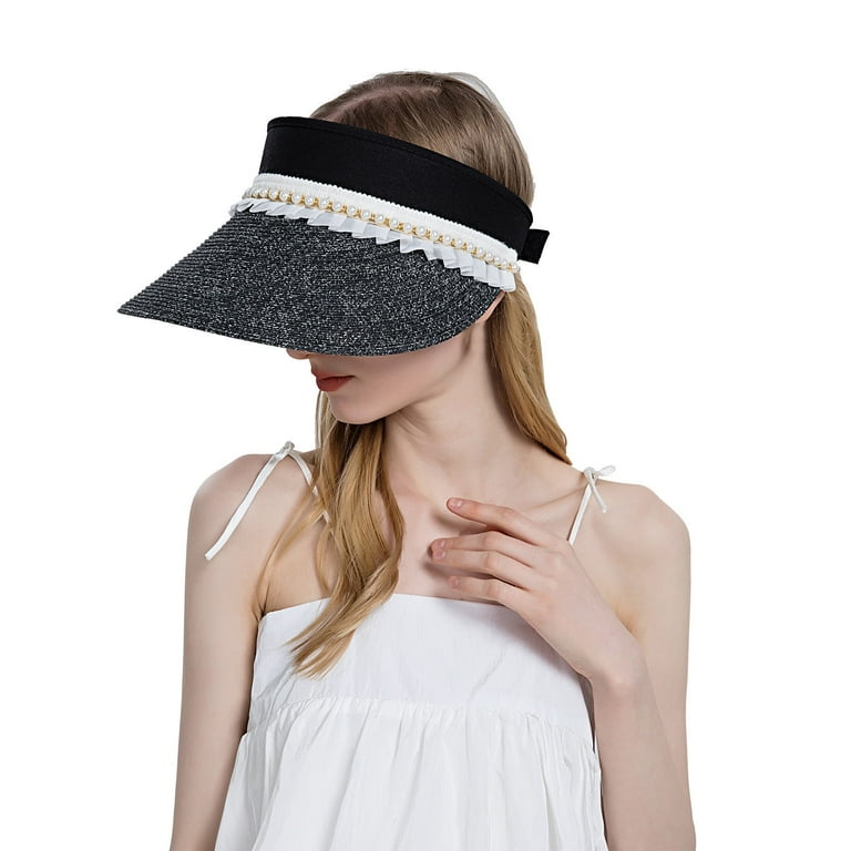 Besolor Straw Sun Visor Hats for Women Lace Pearl Wide Brim Summer
