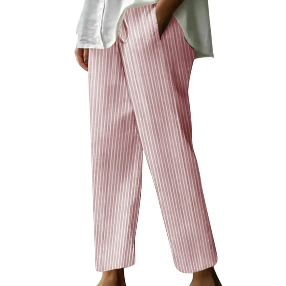BLVB Striped Pants Women Summer Wide Leg Cotton Linen Pants Loose Drawstring Elastic Waist Casual Lounge Beach Trousers