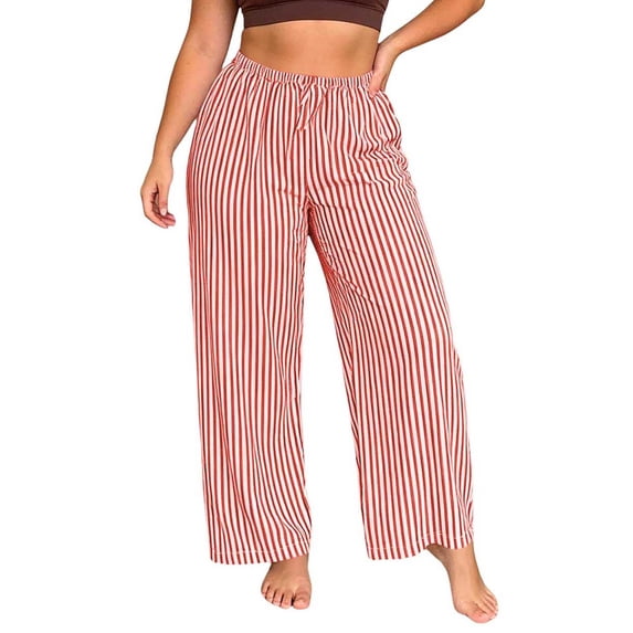 BLVB Striped Pants for Women High Waisted Plus Size Wide Leg Pajama Pants Trendy Pull on Casual Lounge Pants