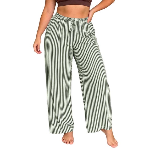 BLVB Striped Pants for Women High Waisted Plus Size Wide Leg Pajama Pants Trendy Pull on Casual Lounge Pants