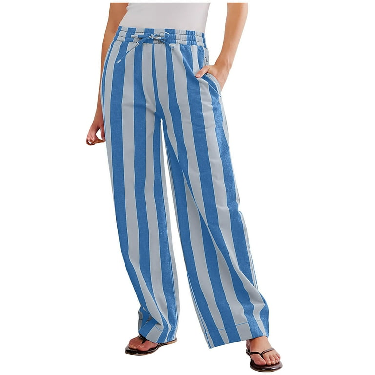 Women casual loose blue striped wide leg pants Women casual loose blue striped wide leg pants