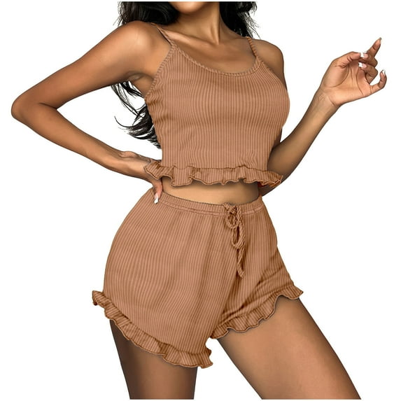 BLVB Summer 2 Piece Lounge Matching Sets for Women Spaghetti Straps Ruffle Crop Cami Tops and Shorts Ribbed Pajamas Sets