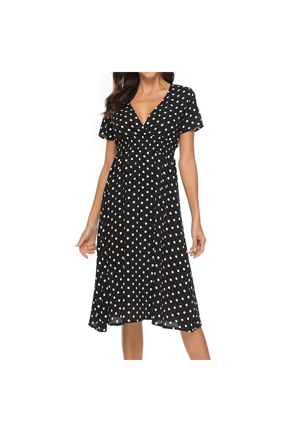 Summer Boho Dresses for Women Polka Dots V Neck Short Sleeve Sundress Casual A-Line Flowy Beach Midi Dresses