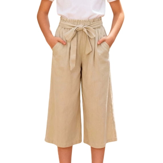 BLVB Summer Capri Pants for Girls Tie Knot Casual Loose Capris Cotton Linen Baggy Beach Cropped Pants with Pockets