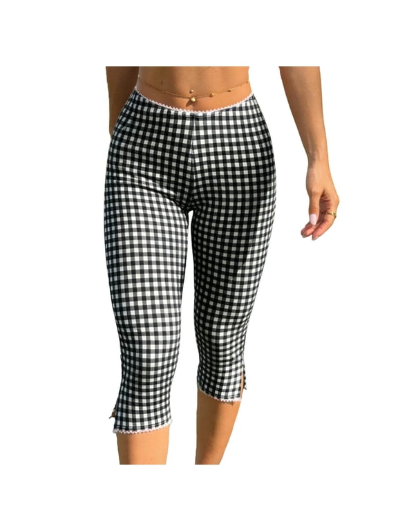 Summer Capri Pants for Women Low Rise Elastic Waist Lace Split Leggings Plaid Print Cropped Trousers for Beach Vacation