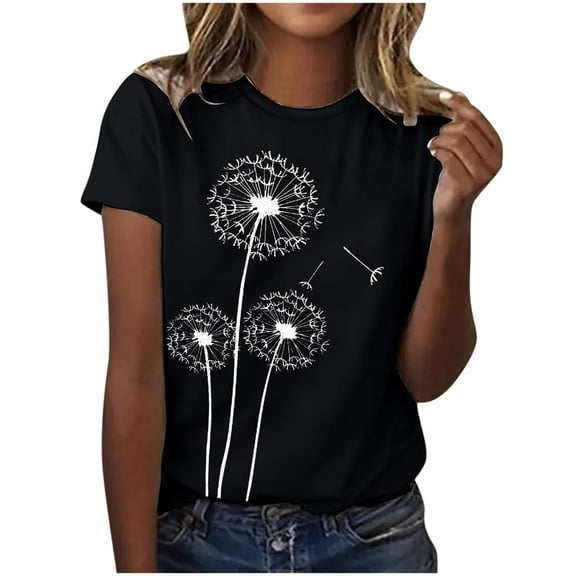 BLVB Summer Casual Blouses for Women Crewneck Short Sleeve Print Tee Shirts Dressy Basic Womens Tunic Tops