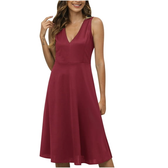 BLVB Summer Casual Dresses for Women Sleeveless V Neck Elegant Work Party Dress Midi Tank Dress with Pockets