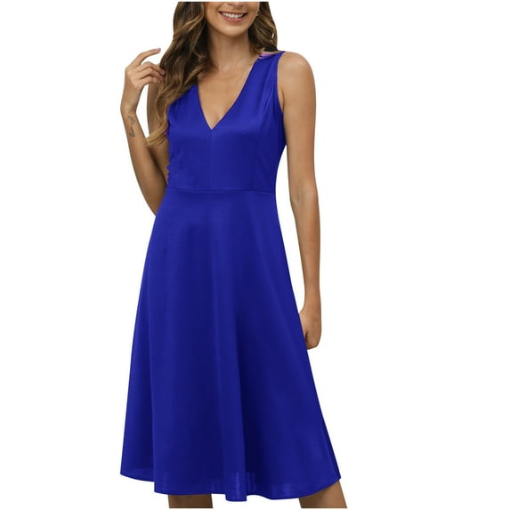 BLVB Summer Casual Dresses for Women Sleeveless V Neck Elegant Work Party Dress Midi Tank Dress with Pockets
