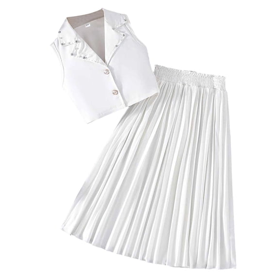 BLVB Summer Clothes for Girls Toddler Kids 2 Piece Outfits Sleeveless Button Vest with Pleated Skirts Sets for Party