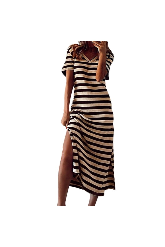 Summer Dress Casual Womens Fashion Short Sleeve Maxi Dress T Shirt Dress Striped Long Side Slit Maxi Dress