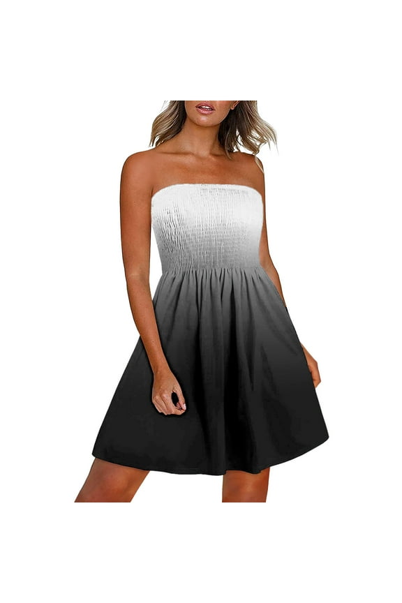 Summer Dress for Women Beach Boho Strapless Cover Ups off Shoulder Smocked Tube Top Sundresses