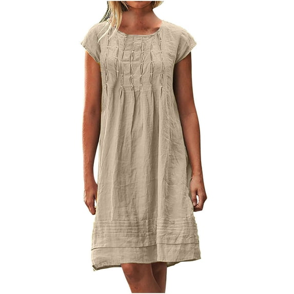 BLVB Summer Dresses for Women Crewneck Cotton Linen Dress Casual Short Sleeve Tunic Dress Vacation Outfits