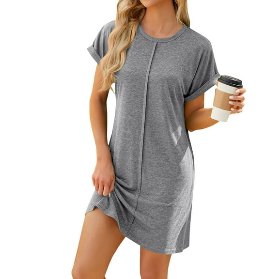 BLVB Summer Dresses for Women Short Sleeve Crewneck Casual Dress for Women Solid Color Loose T Shirts Dress