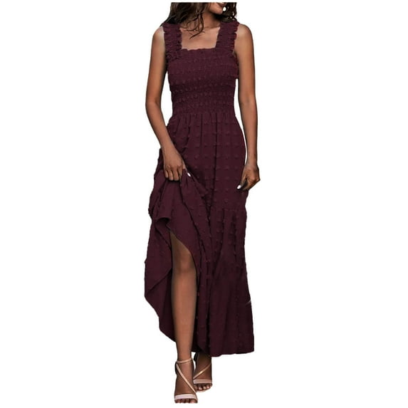 BLVB Summer Dresses for Women 2024 Sleeveless Square Neck Smocked Boho Beach Sundress Tiered Flowy Plain Maxi Dress