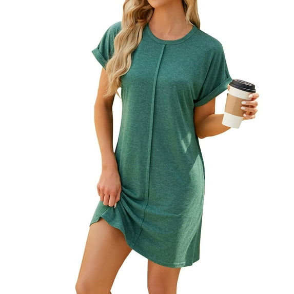 BLVB Summer Dresses for Women Short Sleeve Crewneck Casual Dress for Women Solid Color Loose T Shirts Dress
