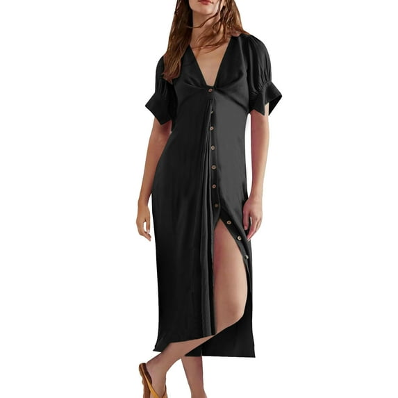 BLVB Summer Dresses for Women 2025 Short Sleeve V Neck Button down Cotton Linen Long Dress Spring Beach Dress with Belt
