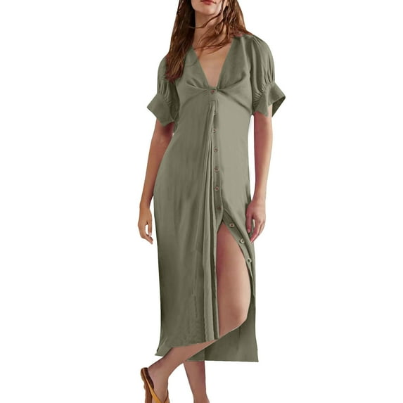 BLVB Summer Dresses for Women Short Sleeve V Neck Button down Cotton Linen Long Dress Spring Beach Dress with Belt