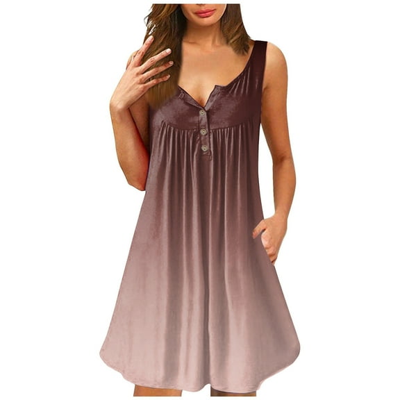 BLVB Summer Dresses for Women Sleeveless Button Front V Neck Tunic Dress Loose Casual Tank Dress with Pockets