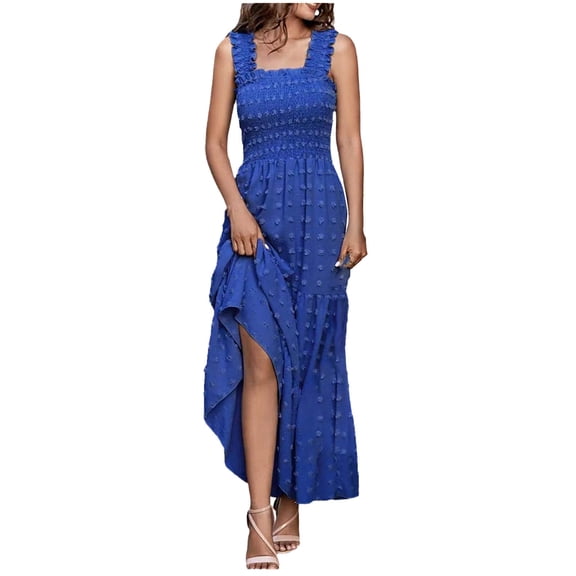 BLVB Summer Dresses for Women Sleeveless Square Neck Smocked Boho Beach Sundress Tiered Flowy Plain Maxi Dress