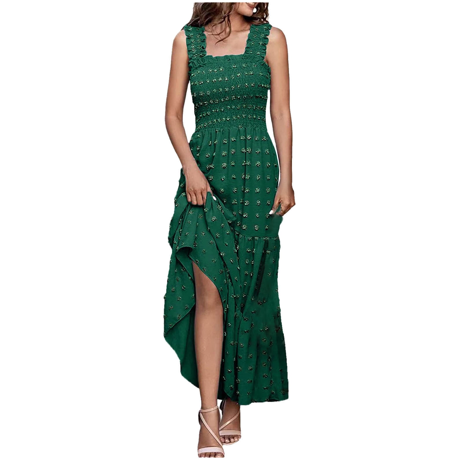 2025 Dot Square Neck Pleated Long Holiday Beach Casual Boho Dress
