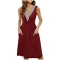 thumbnail image 1 of BLVB Summer Dresses for Women Sleeveless V Neck Lace Trim Button Casual Flowy Midi Dresses with Pockets, 1 of 6