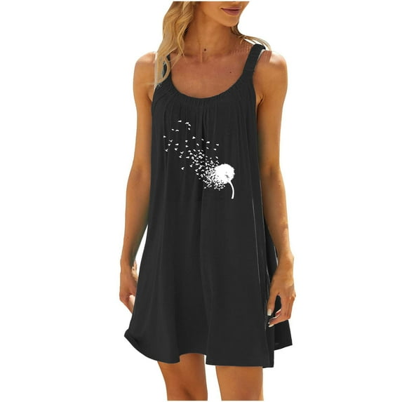 BLVB Summer Dresses for Women Printed Crewneck Neck Sleeveless Mini Dress Casual Beach Vacation Sundress