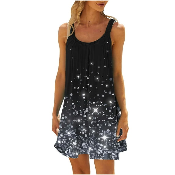 BLVB Summer Dresses for Women Printed Crewneck Neck Sleeveless Mini Dress Casual Beach Vacation Sundress