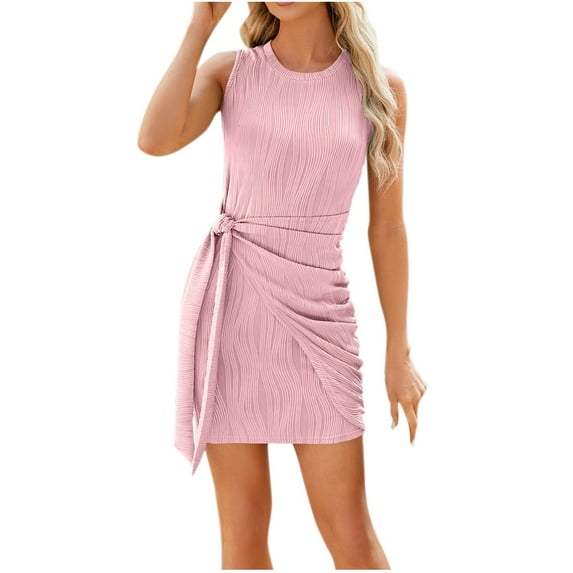 BLVB Summer Dresses for Women Round Neck Tie Waist Knot Sleeveless Tank Dress Dressy Casual Mini Pencil Dress