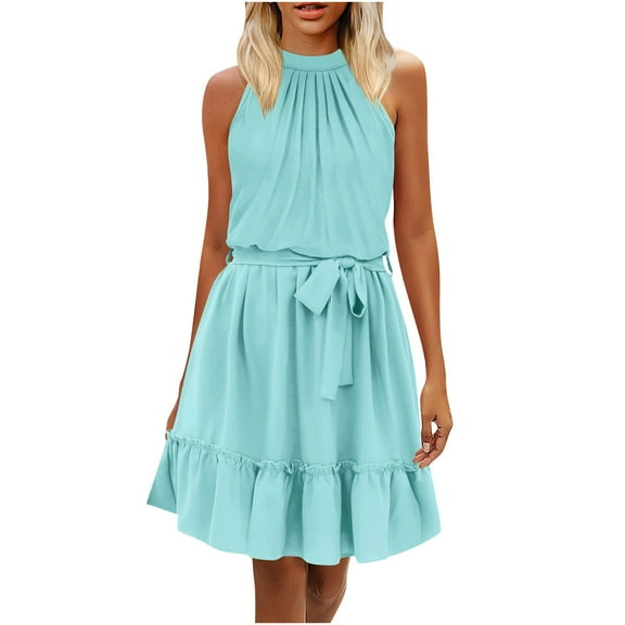 BLVB Summer Dresses for Women Sleeveless Pleated Ruffle Hem A-Line Flowy Party Beach Mini Sundress with Belt