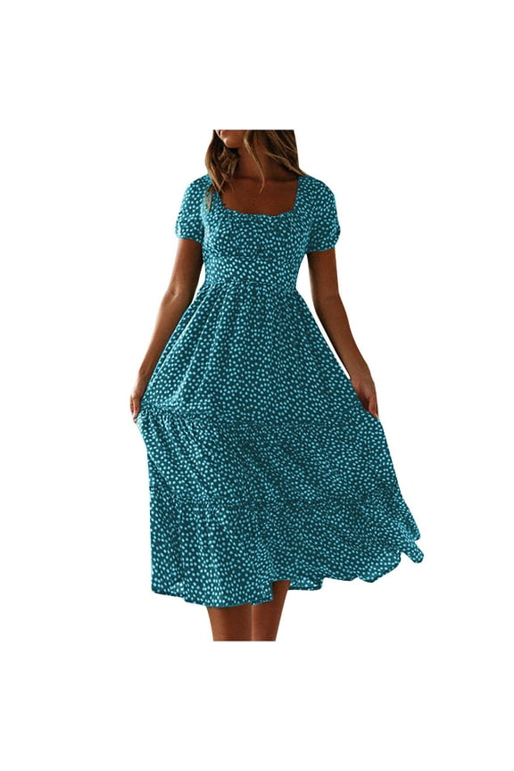 Summer Fall Dresses for Women Short Sleeve Trendy Beach Midi Dress Square Neck Tiered Boho Sundress