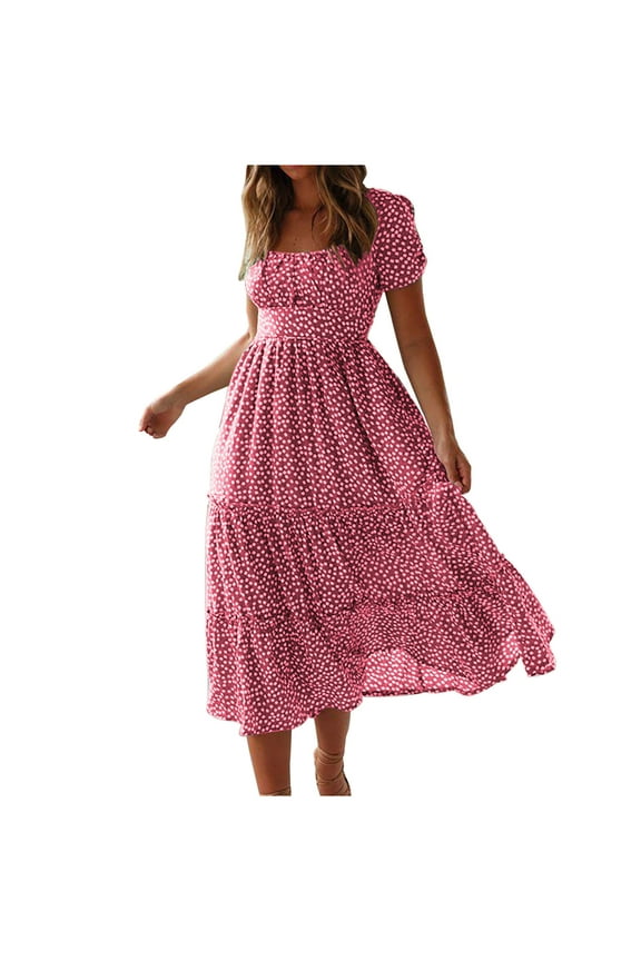 Summer Fall Dresses for Women Short Sleeve Trendy Beach Midi Dress Square Neck Tiered Boho Sundress