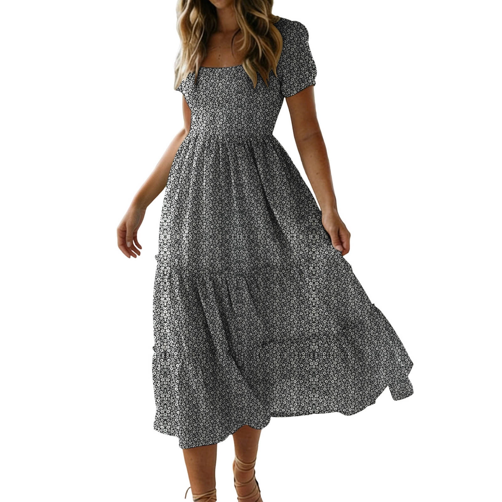 fitted lace wedding dress Oddi Floral Taupe Midi Dress Tie Neck Elbow Bubble Sleeves / Small main image 1