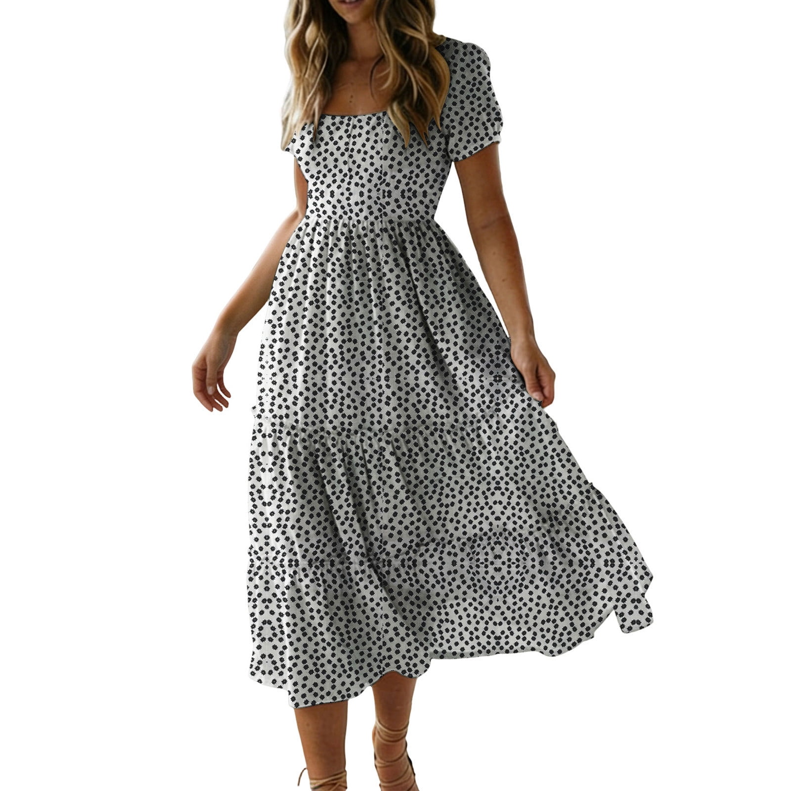 Casual Summer Dresses for Women Short Sleeve Trendy Printed Beach Midi Dress  Square Neck Pleated Swing Boho Sundress - Walmart.com