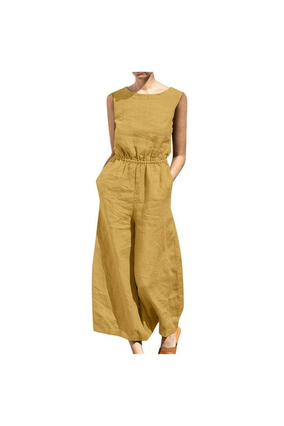 Women’s Summer Cotton Linen Jumpsuits Crewneck Sleeveless Casual Loose High Waist Jumpsuits Rompers with Pockets