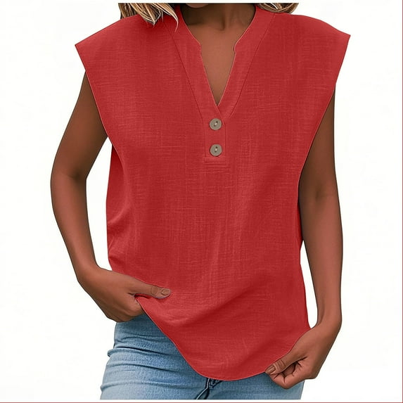 BLVB Summer Linen Work Tops for Women Trendy Button V Neck Short Sleeve Boho Clothes Spring T Shirts for Women