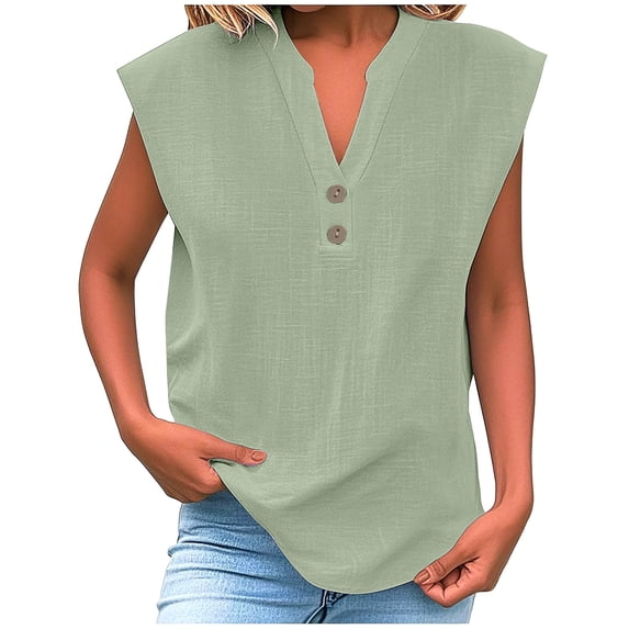 BLVB Summer Linen Work Tops for Women Trendy Button V Neck Short Sleeve Boho Clothes Spring T Shirts for Women