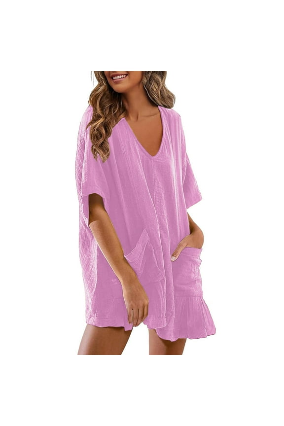 Summer Rompers for Women V Neck Half Sleeve Baggy Ruffle Shorts Jumpsuits Casual Beach Overalls with Pockets