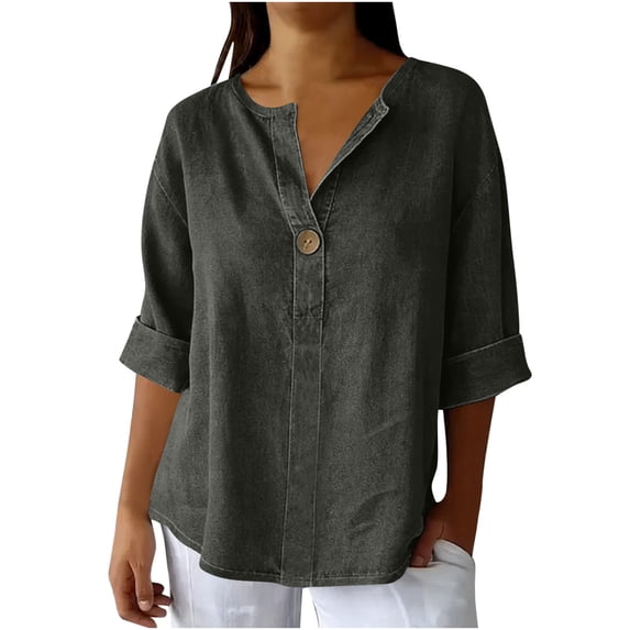 BLVB Summer Shirts for Women Button V Neck Half Sleeve T-Shirt Blouse Casual Loose Basic Tunic Tops Spring Trendy Clothes