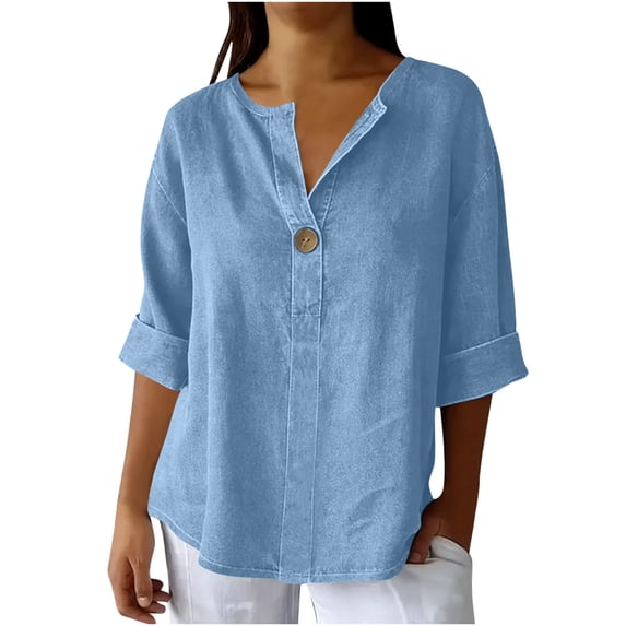 BLVB Summer Shirts for Women Button V Neck Half Sleeve T-Shirt Blouse Casual Loose Basic Tunic Tops Spring Trendy Clothes