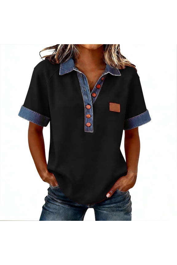 Summer Shirts for Women Button down Laple Tops Dressy Casual Basic Tees Denim Patchwork Blouses Pullover Fashion Clothes