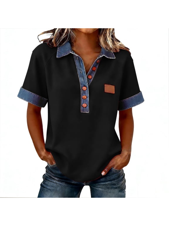 Summer Shirts for Women Button down Laple Tops Dressy Casual Basic Tees Denim Patchwork Blouses Pullover Fashion Clothes