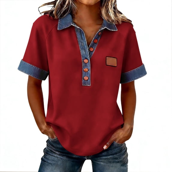 BLVB Summer Shirts for Women Button down Laple Tops Dressy Casual Basic Tees Denim Patchwork Blouses Pullover Fashion Clothes
