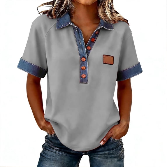 BLVB Summer Shirts for Women Button down Laple Tops Dressy Casual Basic Tees Denim Patchwork Blouses Pullover Fashion Clothes