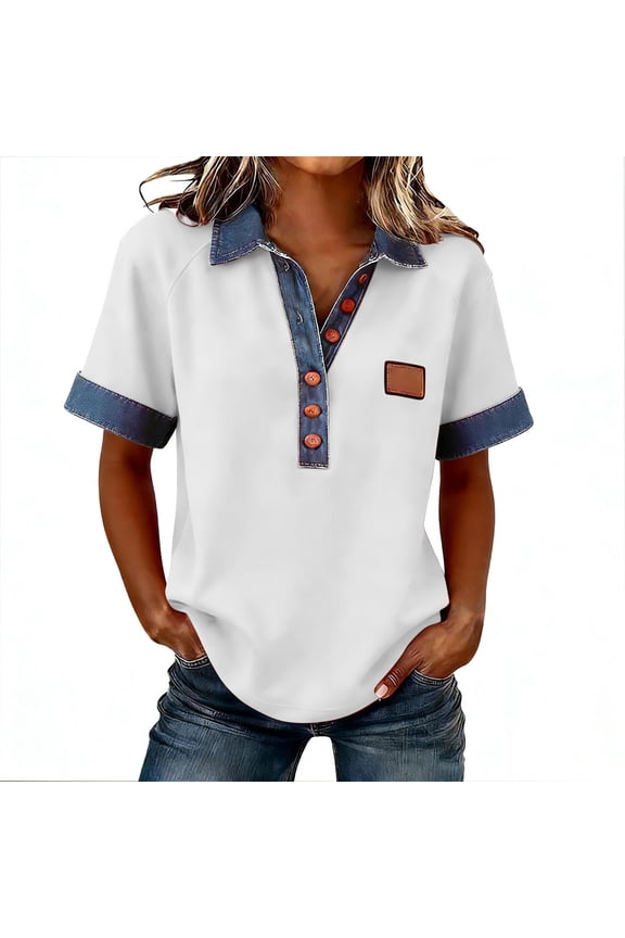 Summer Shirts for Women Button down Laple Tops Dressy Casual Basic Tees Denim Patchwork Blouses Pullover Fashion Clothes